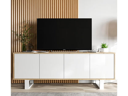 TV stand with 4 doors - Meubiana oak frame, matte white fronts - 150 cm, metal legs