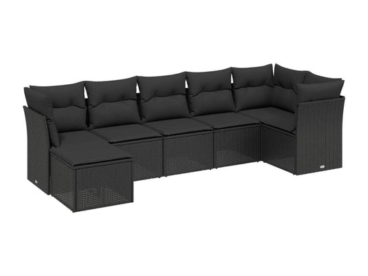 7-piece garden furniture set with cushions, black woven resin
