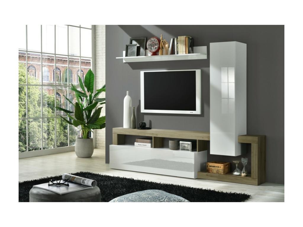 Meubiana living room furniture set with storage, 219 cm long, white lacquer/oak.