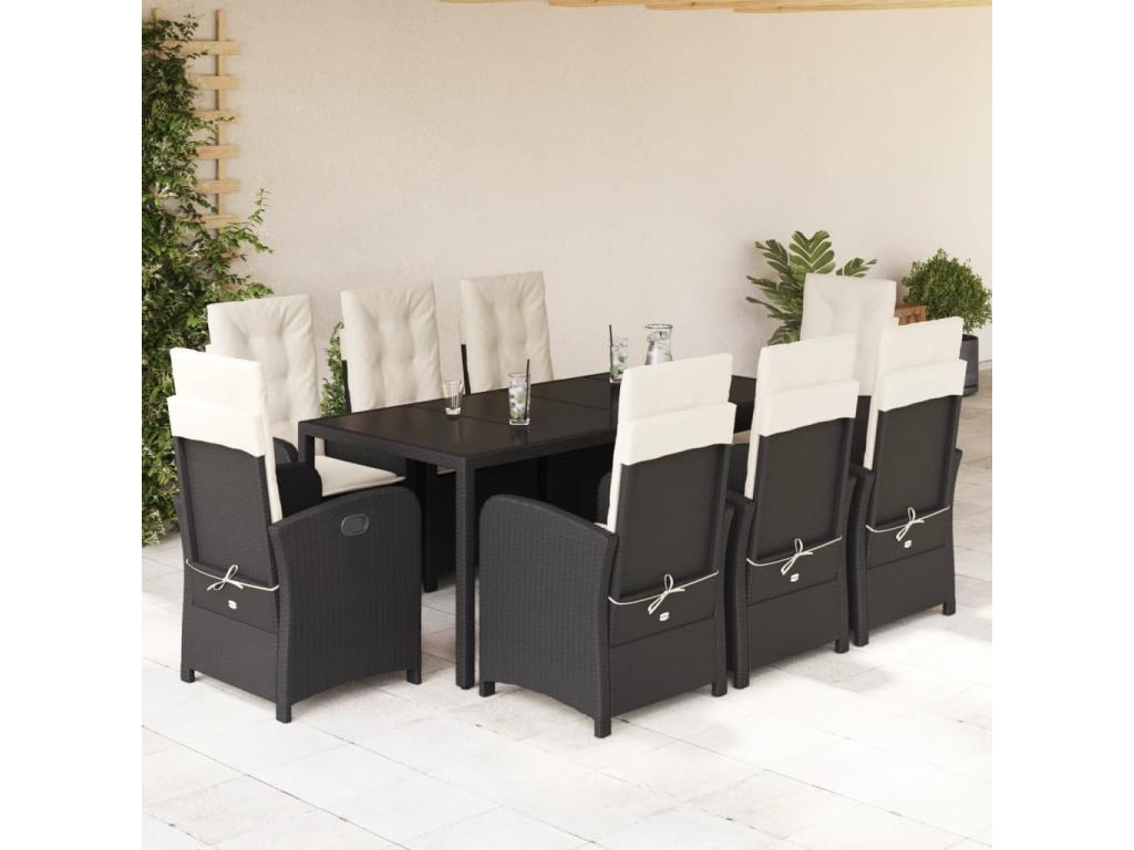 9-piece garden dining set with cushions, black resin wicker