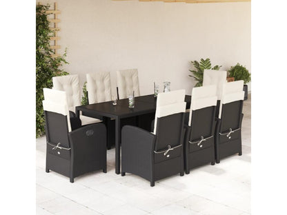 9-piece garden dining set with cushions, black resin wicker