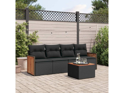 5-piece garden furniture set with cushions, black woven resin