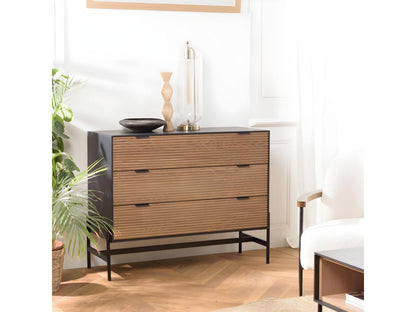 Homzora - Brown and black 3-drawer chest of drawers in pine with black metal legs