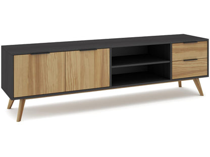 Solid pine TV stand with natural and black waxed finish, storage unit - Length 180 x Depth 40 x Height 52 cm