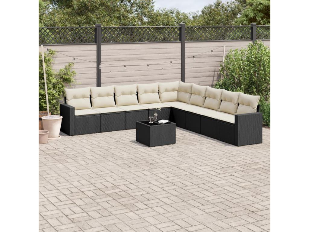 10-piece garden furniture set with cushions, black woven resin