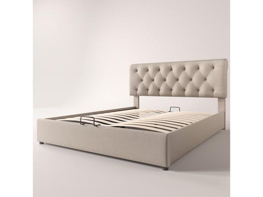 Storage bed - 140x200 cm - linen fabric - Meubiana slatted base - natural color