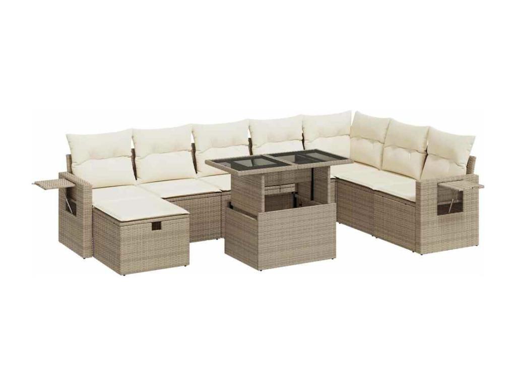 9-piece garden furniture set with cushions, beige woven resin