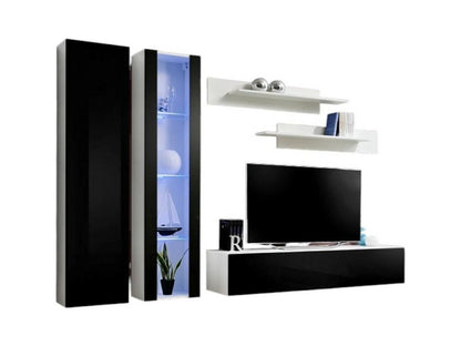 FLY A4 TV unit, designer style, white and glossy black LED finish - Modern and trendy wall-mounted unit for your living room