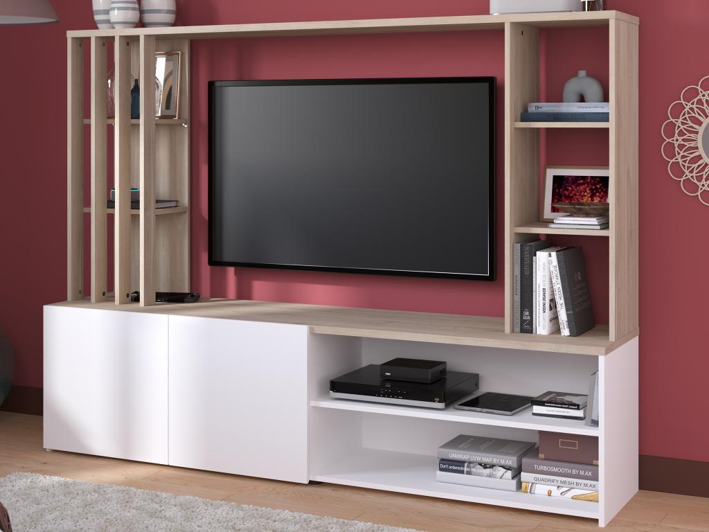 TV wall unit with storage - Natural and white - Meubiana