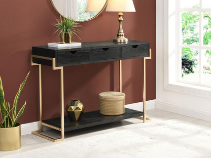 Console table with 3 drawers and 1 shelf in MDF and metal - Black and gold wood effect - Homzora