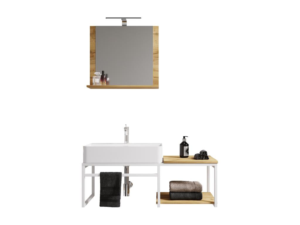 Homzora 3-piece bathroom vanity unit and sink set, wood and metal, industrial style, Bitila 100 V2, white/honey oak