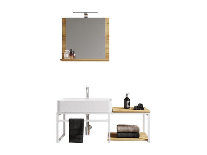 Homzora 3-piece bathroom vanity unit and sink set, wood and metal, industrial style, Bitila 100 V2, white/honey oak