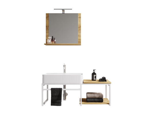 Homzora 3-piece bathroom vanity unit and sink set, wood and metal, industrial style, Bitila 100 V2, white/honey oak