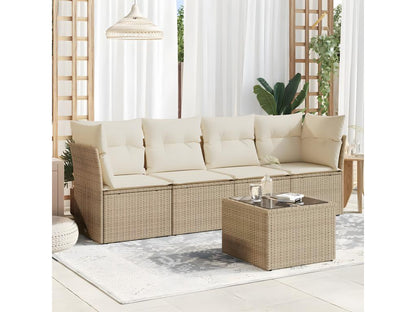 5-piece garden furniture set with cushions, beige woven resin