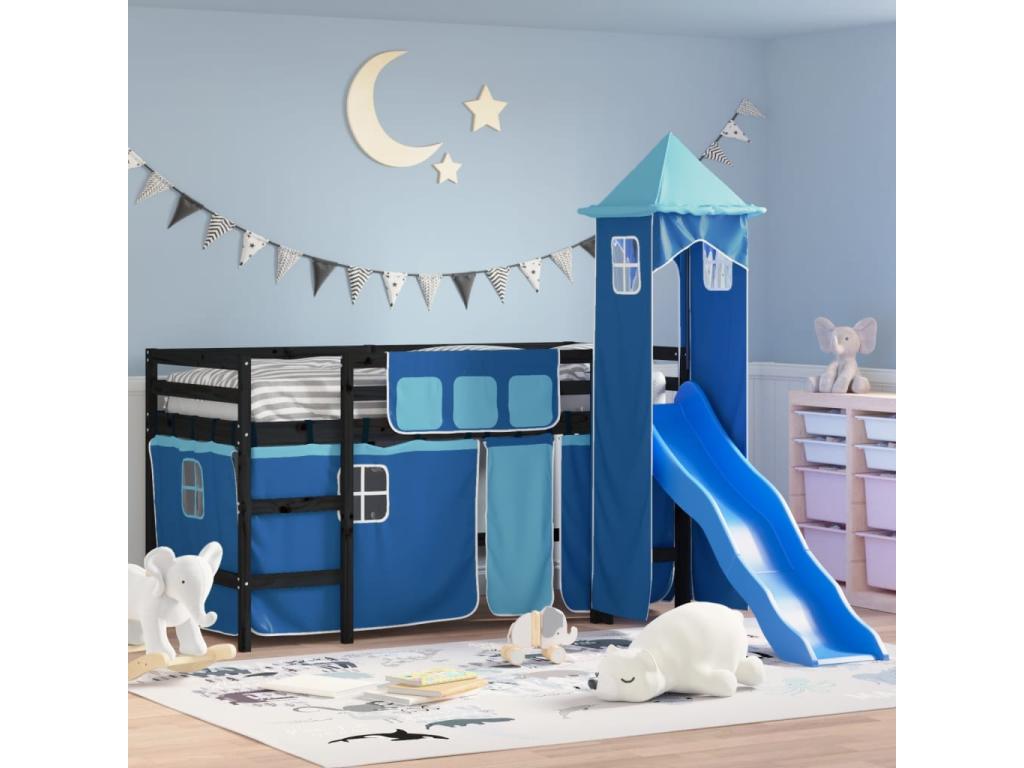 Children's loft bed with tower, mattress not included, blue, 90x190 cm