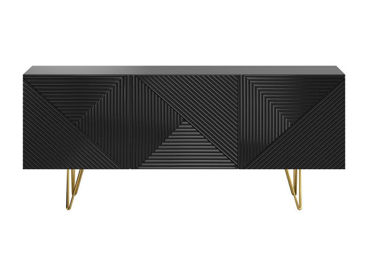 Meubiana 3-Door Black Engraved and Gold Metal Designer Buffet, 160cm Wide