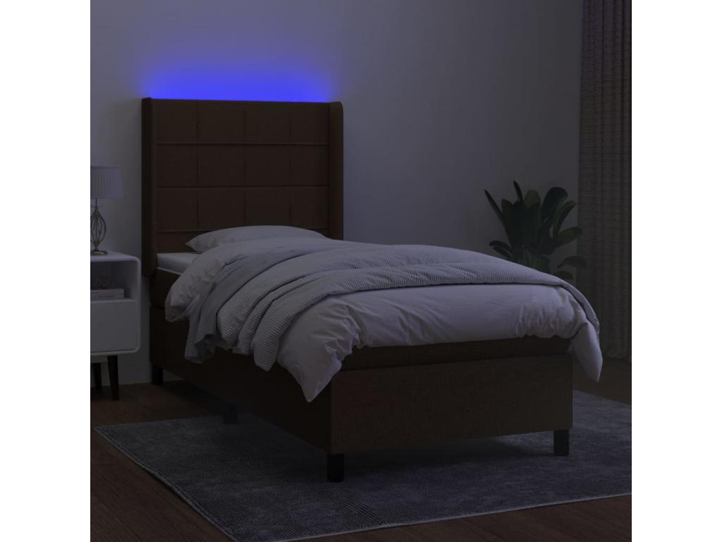 Upholstered bed base and mattress with LED lighting, dark brown, 90x200cm, fabric