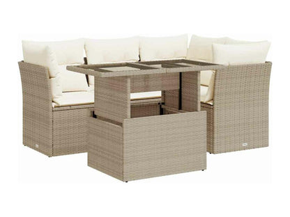 5-piece garden furniture set with cushions, beige woven resin