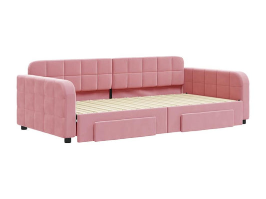 Daybed with trundle bed and drawers, pink, 100x200 cm, velvet