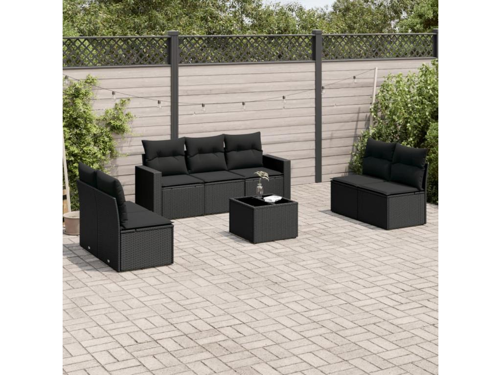 8-piece garden furniture set with cushions, black resin wicker