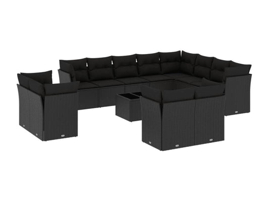 13-piece garden furniture set with cushions, black woven resin