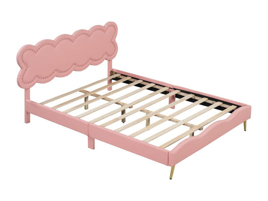 Upholstered bed 140x200 cm Double bed with slatted base by Homzora without mattress PU minimalist style pink