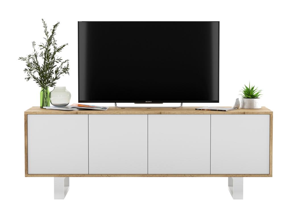 TV stand with 4 doors - Meubiana oak frame, matte white fronts - 150 cm, metal legs