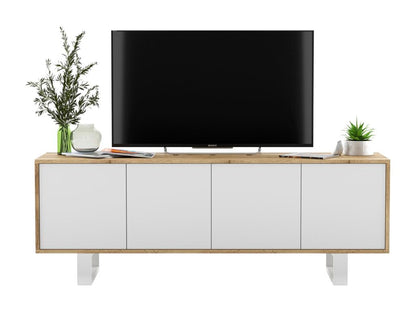TV stand with 4 doors - Meubiana oak frame, matte white fronts - 150 cm, metal legs