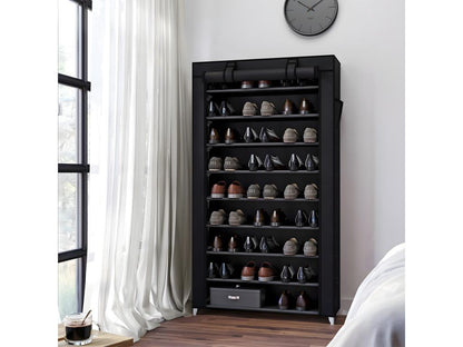 Black 10-tier shoe cabinet with protective cover and zipper - W88 x H160 cm
