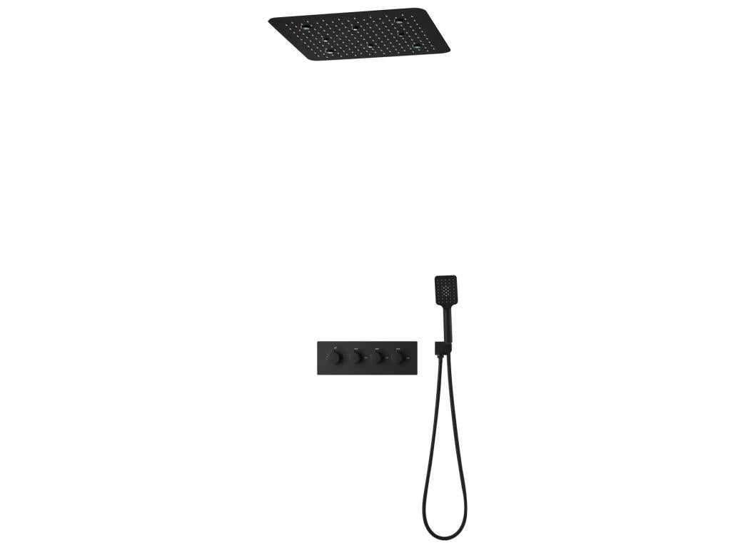 Ceiling-mounted thermostatic shower unit with LED lighting - Black