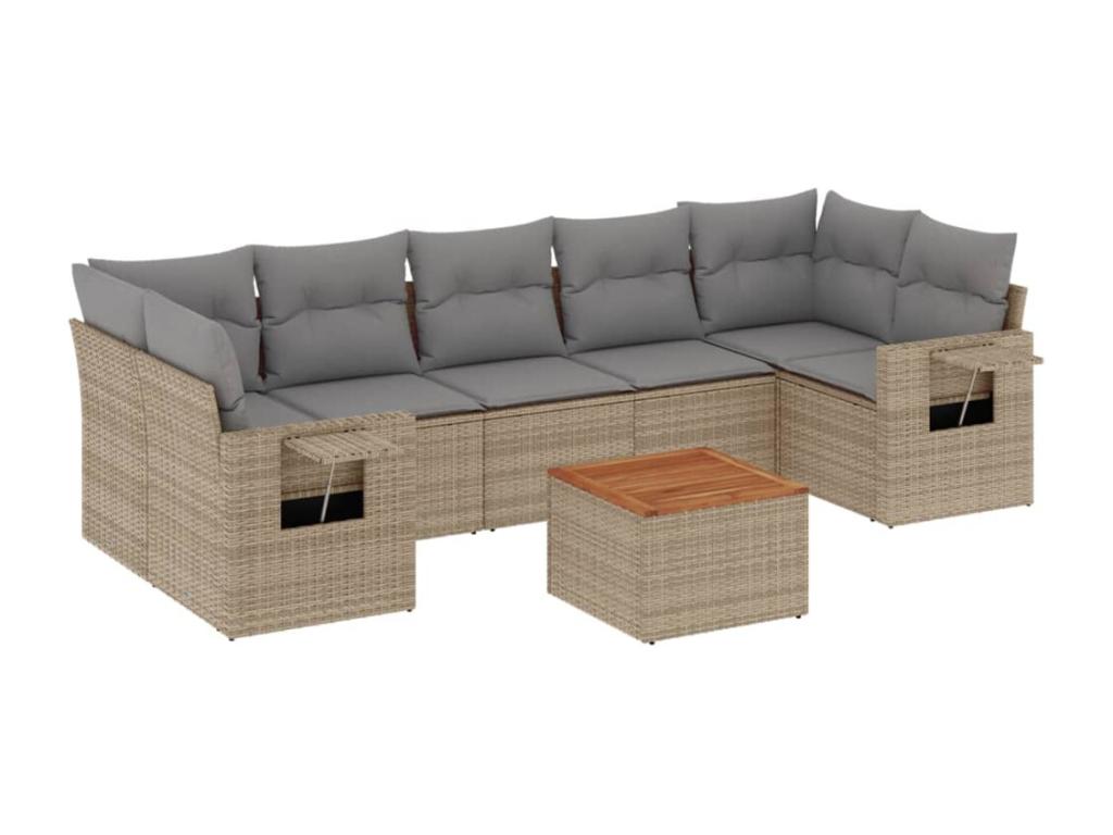 8-piece garden furniture set with cushions, beige woven resin