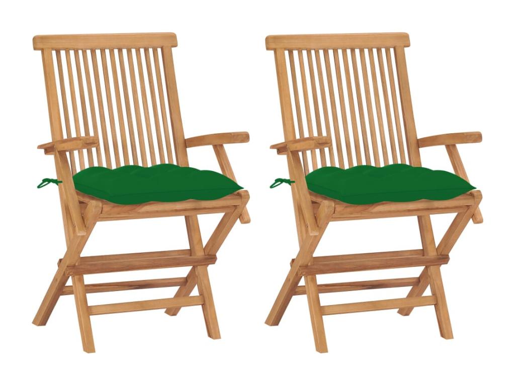 Garden chairs with green cushions, set of 2, solid teak wood