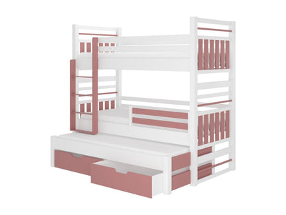 Meubiana bunk bed for 3 people with 2 storage drawers, white and pink, 90x200