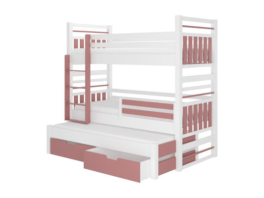Meubiana bunk bed for 3 people with 2 storage drawers, white and pink, 90x200