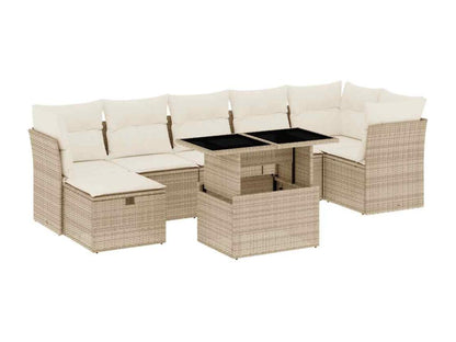 8-piece garden furniture set with cushions, beige woven resin