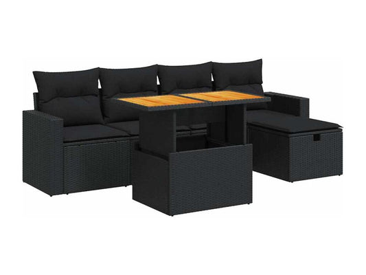 Meubiana 6-piece garden furniture set with cushions, black woven resin