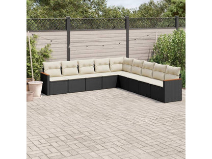 9-piece garden furniture set with cushions, black woven resin