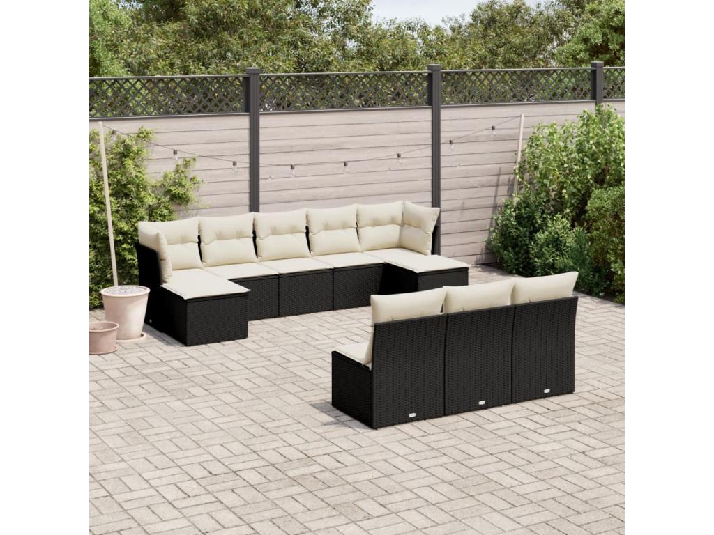 10-piece garden furniture set with cushions, black woven resin