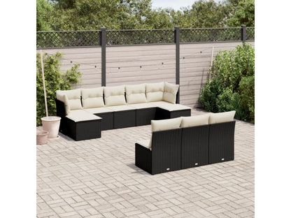 10-piece garden furniture set with cushions, black woven resin