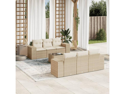 7-piece garden furniture set with cushions, beige woven resin