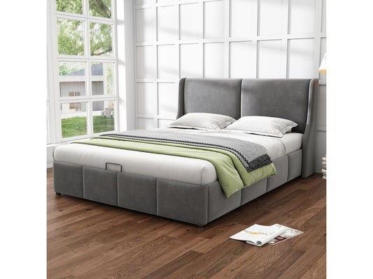 Upholstered Double Bed 140x190 cm - Headboard with Pillow - Functional Hydraulic Bed with Slatted Base - Grey