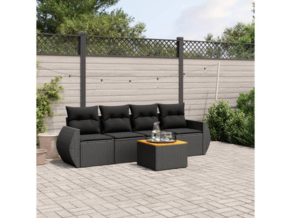 5-piece garden furniture set with cushions, black woven resin