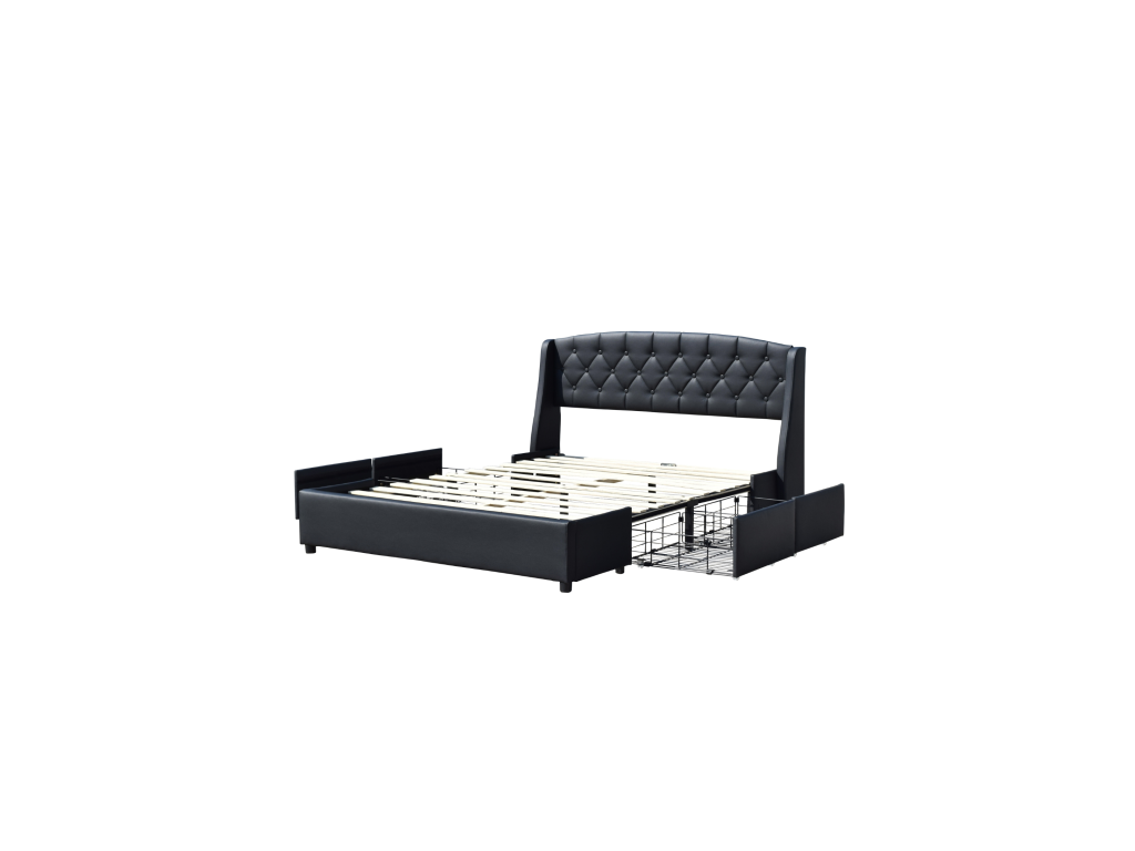 Meubiana - Sturdy and Comfortable 120x190 Bed with Slatted Base, 4 Drawers, Black Headboard, 4cm Legs - 13 Sides