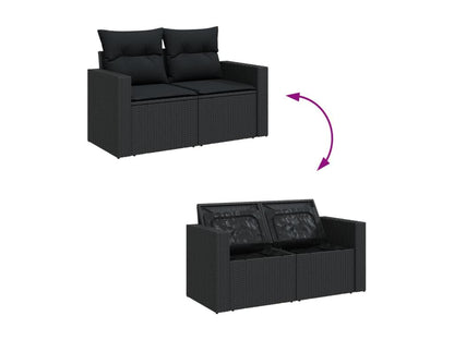 10-piece garden furniture set with cushions, black woven resin