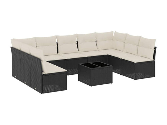 10-piece garden furniture set with cushions, black woven resin